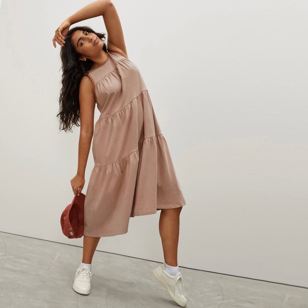 EVERLANE Tiered Cotton Summer Dress in Oak - Size Medium